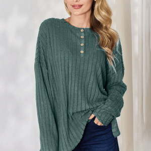 Full Size Ribbed Half Button Long Sleeve High-Low Army Green T-Shirt